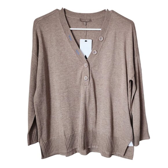 LILIA P Oversized Button Henley Contrast Stitching Popover Sweater in Flax NEW S - Picture 2 of 8